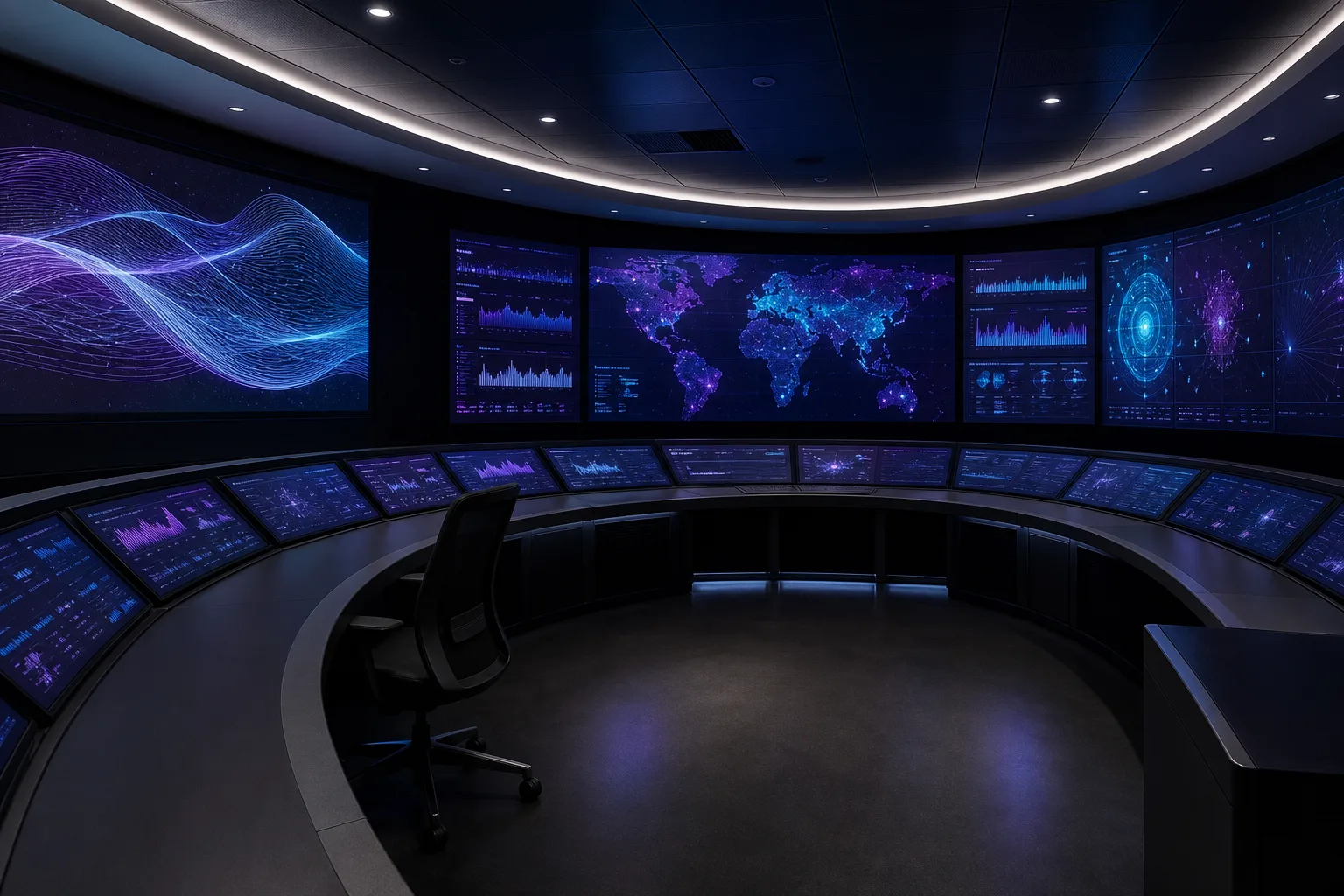 AV control room with multi-screen monitoring wall